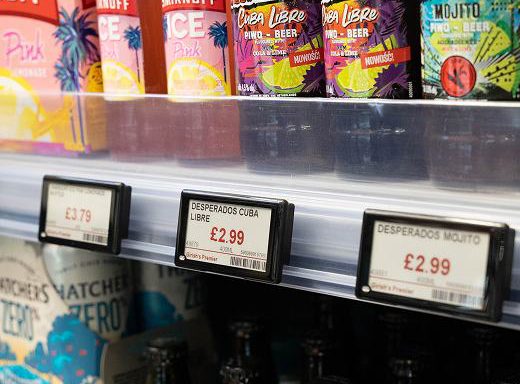 Electronic shelf labels on a drinks shelf